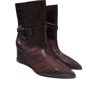 Sarto Emina Elegant Brown Crocodile-Embossed Wedge Pointed toe Boots